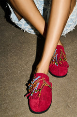 AZALEA WANG ABEILLE BURGUNDY FAUX SUEDE FRINGE CLOG