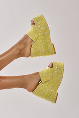 AZALEA WANG BETSEY YELLOW SEQUIN RAFFIA WEDGE