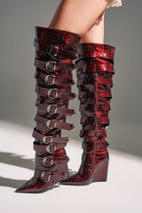 AZALEA WANG CINZIA RED WEDGE BOOT WITH BUCKLE DETAIL