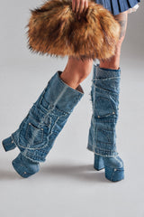 AZALEA WANG DUMI DENIM CHUNKY PATCHWORK BOOT