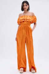 BYE BYE WINTER BLUES OFF THE SHOULDER SATIN JUMPSUIT