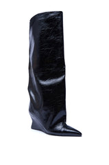AZALEA WANG KENYA BLACK KNEE HIGH WEDGE BOOT