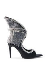 AZALEA WANG MICAELA BLACK SILVER RHINESTONE OPEN TOE LACE UP STILETTO BOOTIE