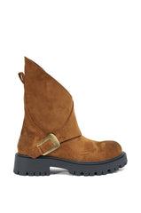 AZALEA WANG PHRIXUS BROWN CHUNKY SHORT SHAFT FAUX SUEDE BOOT