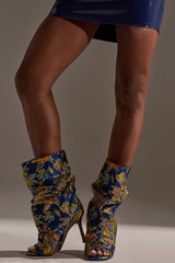AZALEA ROZSI BLUE MULTI BROCADE OPEN TOE STILETTO BOOTIE