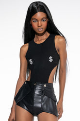 ALL I SEE IS SIGNS CUTOUT EMBELLISHED CREW NECK BODYSUIT