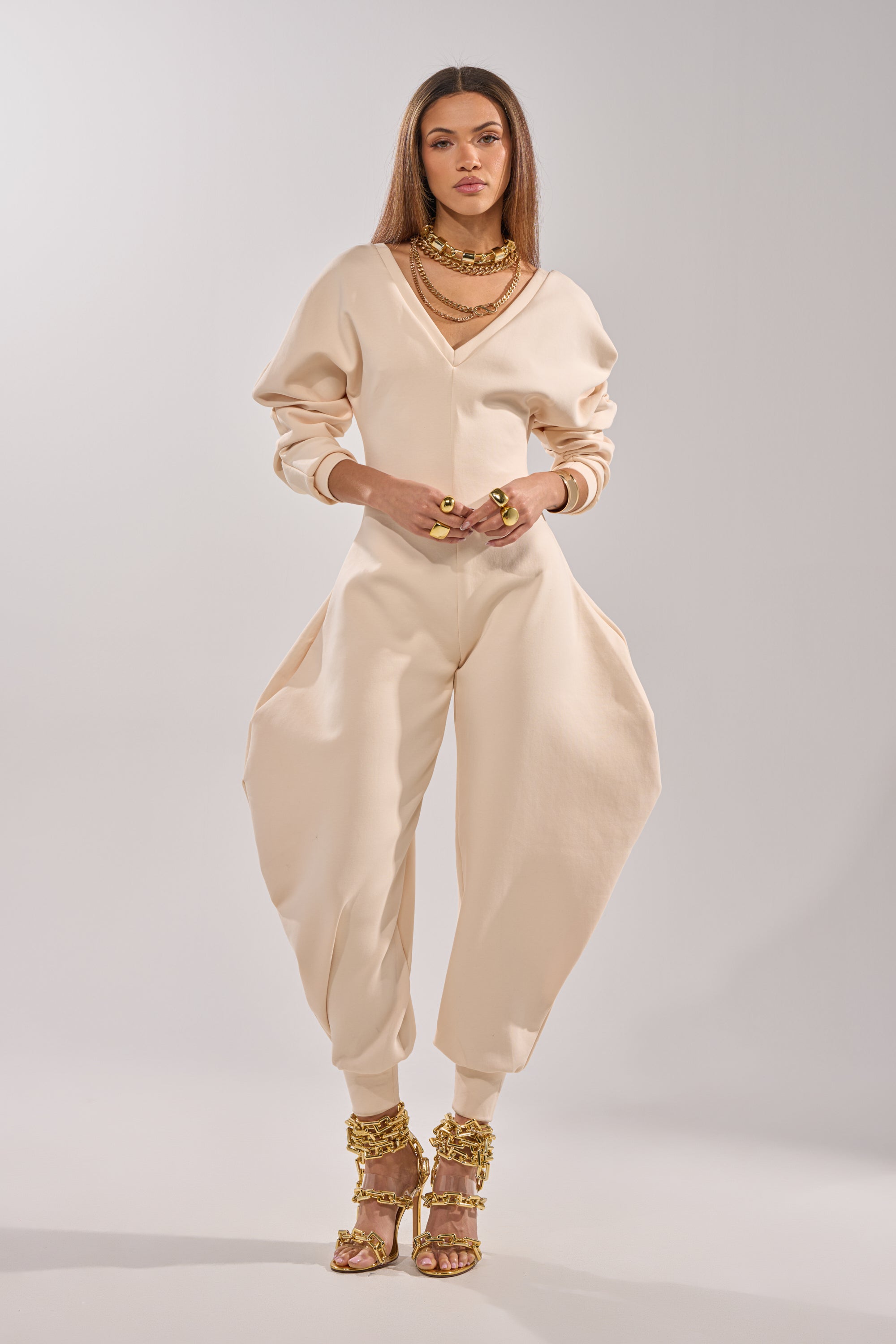 COMFY COZY SWEATSHIRT JUMPSUIT IN BONE