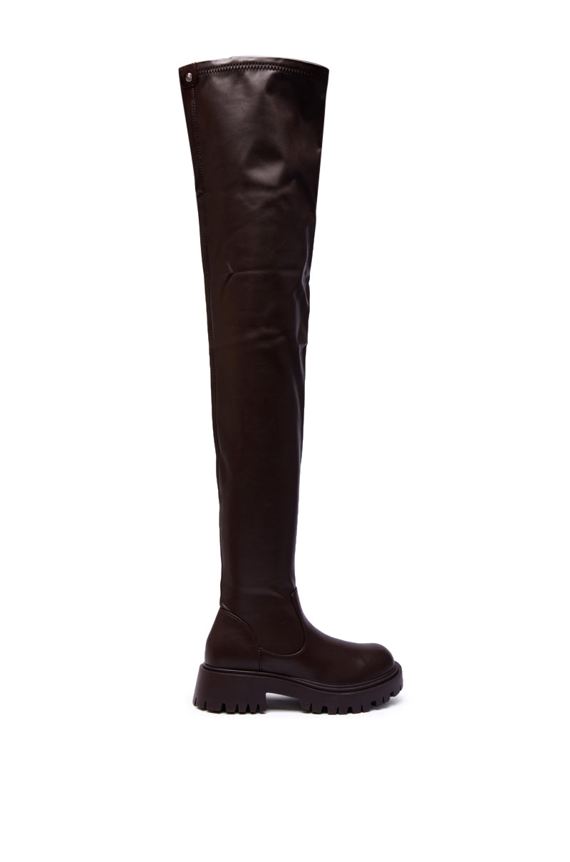 AZALEA WANG AJUNA CHOCOLATE FOUR WAY STRETCH PU FLAT BOOT