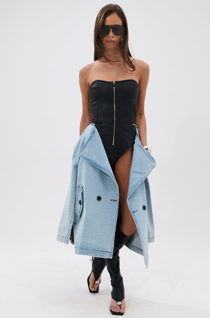 BUSINESS IN THE FRONT DENIM BLAZER MIDI DRESS