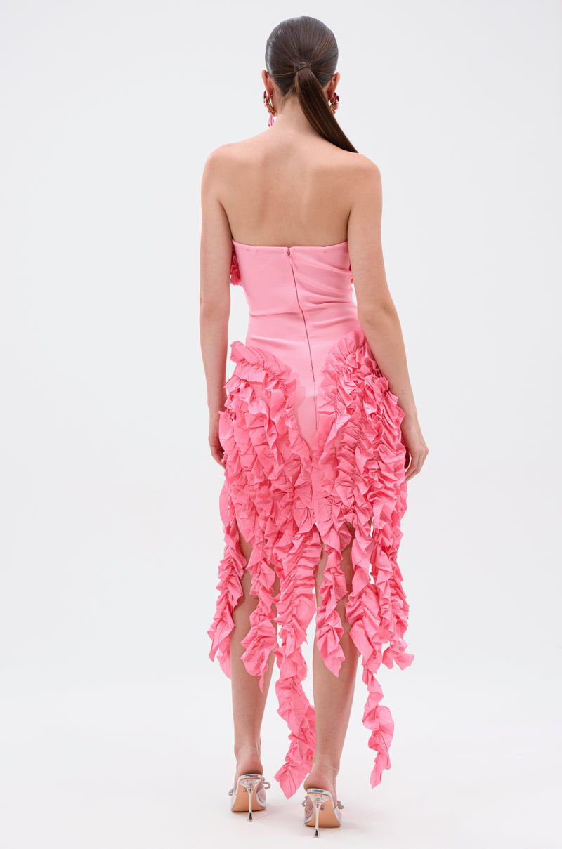 CITY LIGHTS RUFFLE MIDI DRESS IN LIGHT PINK
