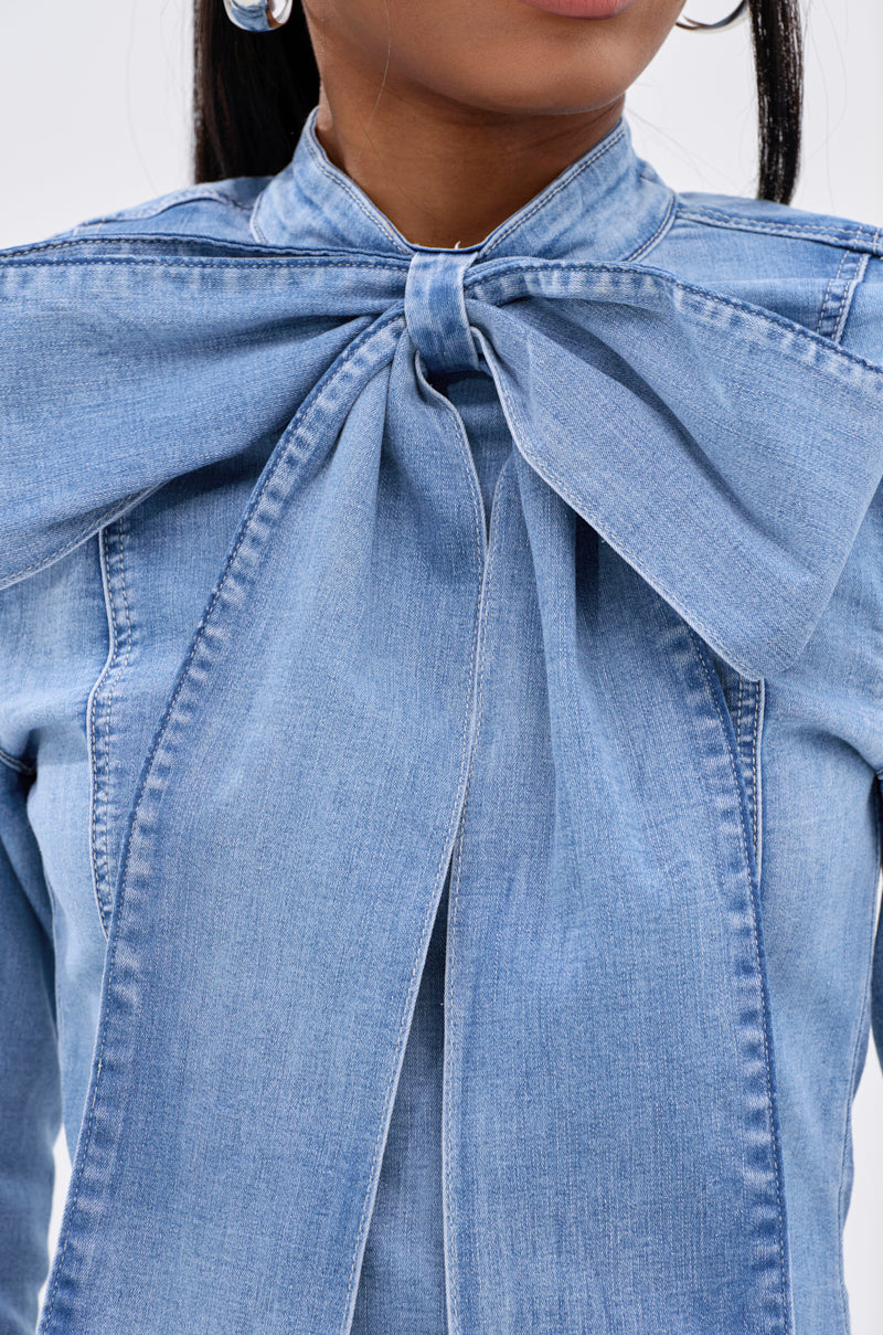 BOW DOWN BISH DENIM LONG SLEEVE TOP