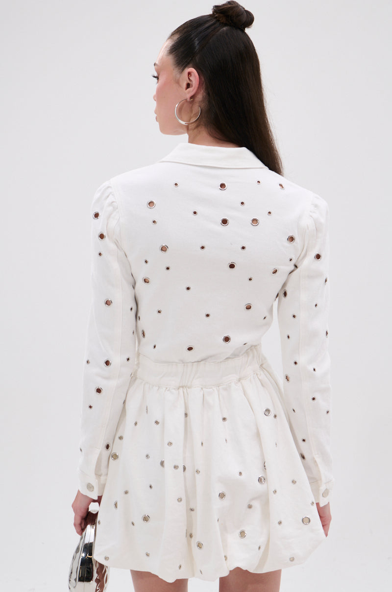 CUT IT OUT DENIM MINI DRESS WITH GROMMETS