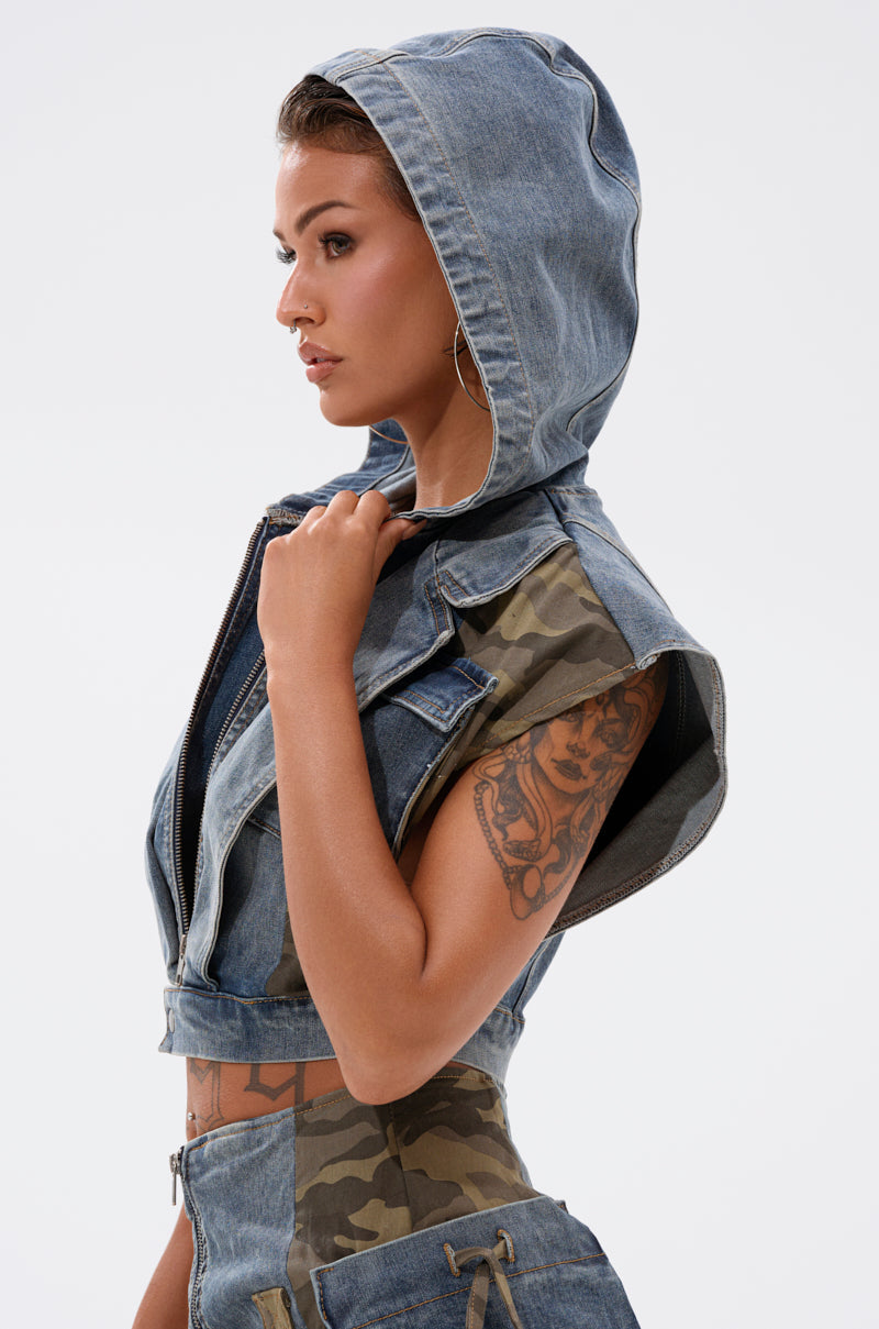 DOWN AND DIRTY DENIM HOODED VEST