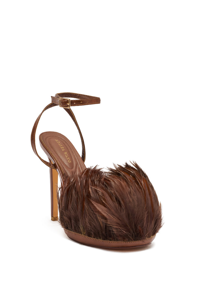 AZALEA WANG ANGELES BROWN FEATHER STILETTO SANDAL