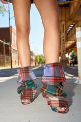 AZALEA WANG BIRD SONG PLAID MULTI OPEN TOE SNAP BOOTIE