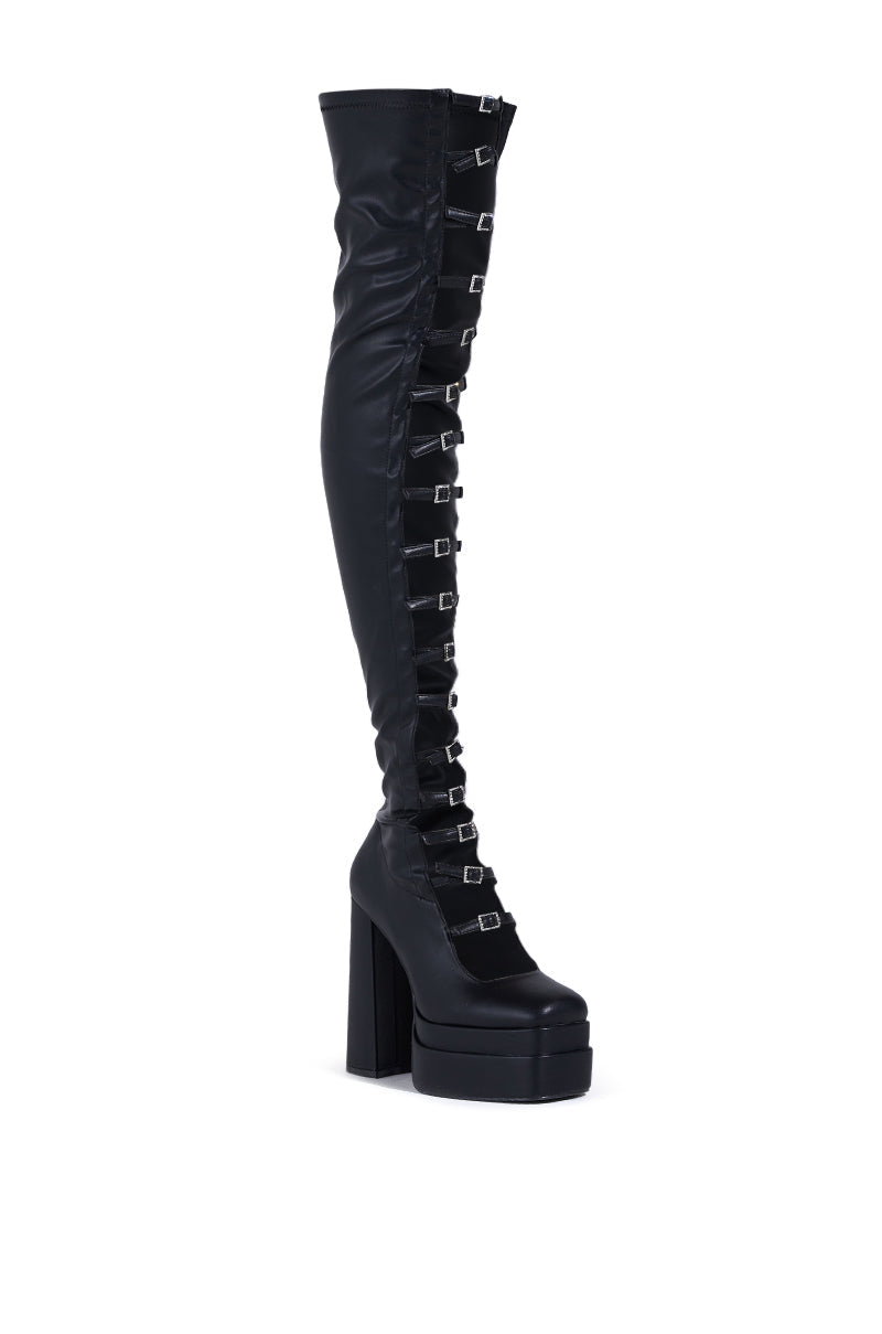 AZALEA WANG BRYNNE BLACK CHUNKY PLATFORM BOOT WITH RHINESTONE BUCKLES