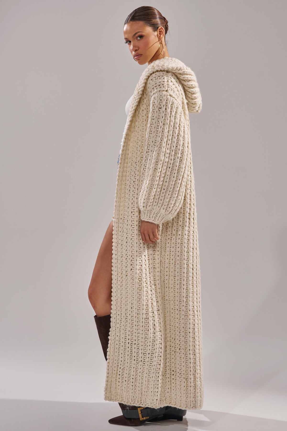 COZY CROCHET LONG HOODED CARDIGAN