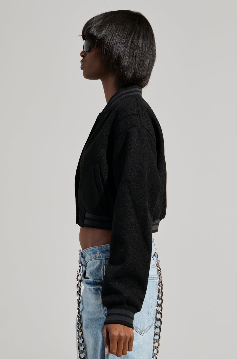 DAVIS EVERYDAY CROPPED VARSITY BOMBER IN BLACK