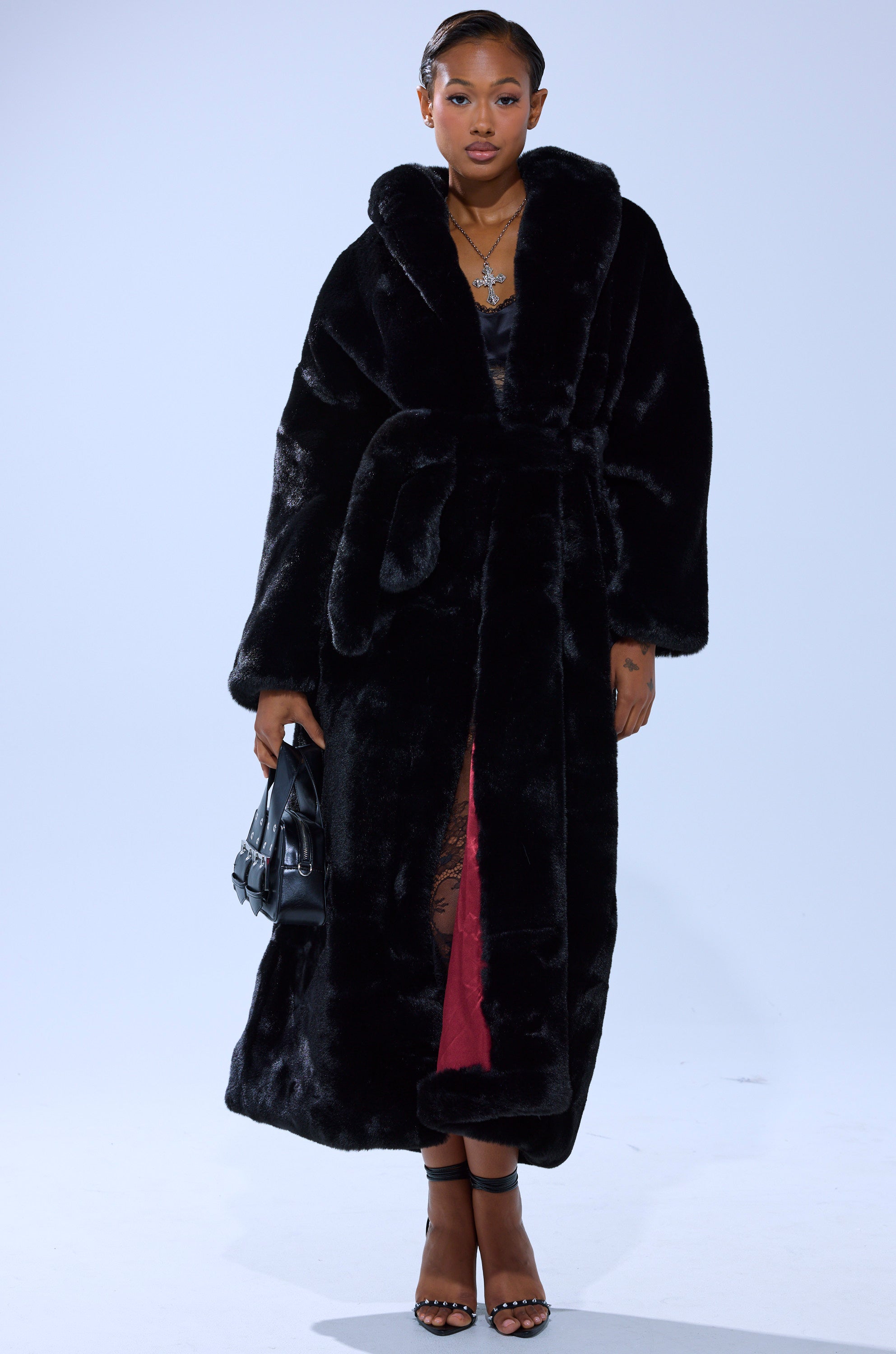 DAYANNE LONG SATIN LINING FAUX FUR TRENCH COAT