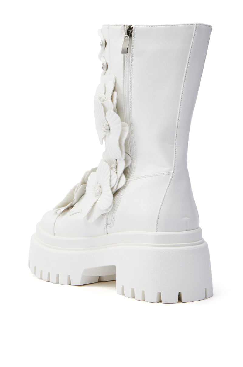 AZALEA WANG DEVOIR WHITE FLOWER EMBELLISHED COMBAT BOOTIE