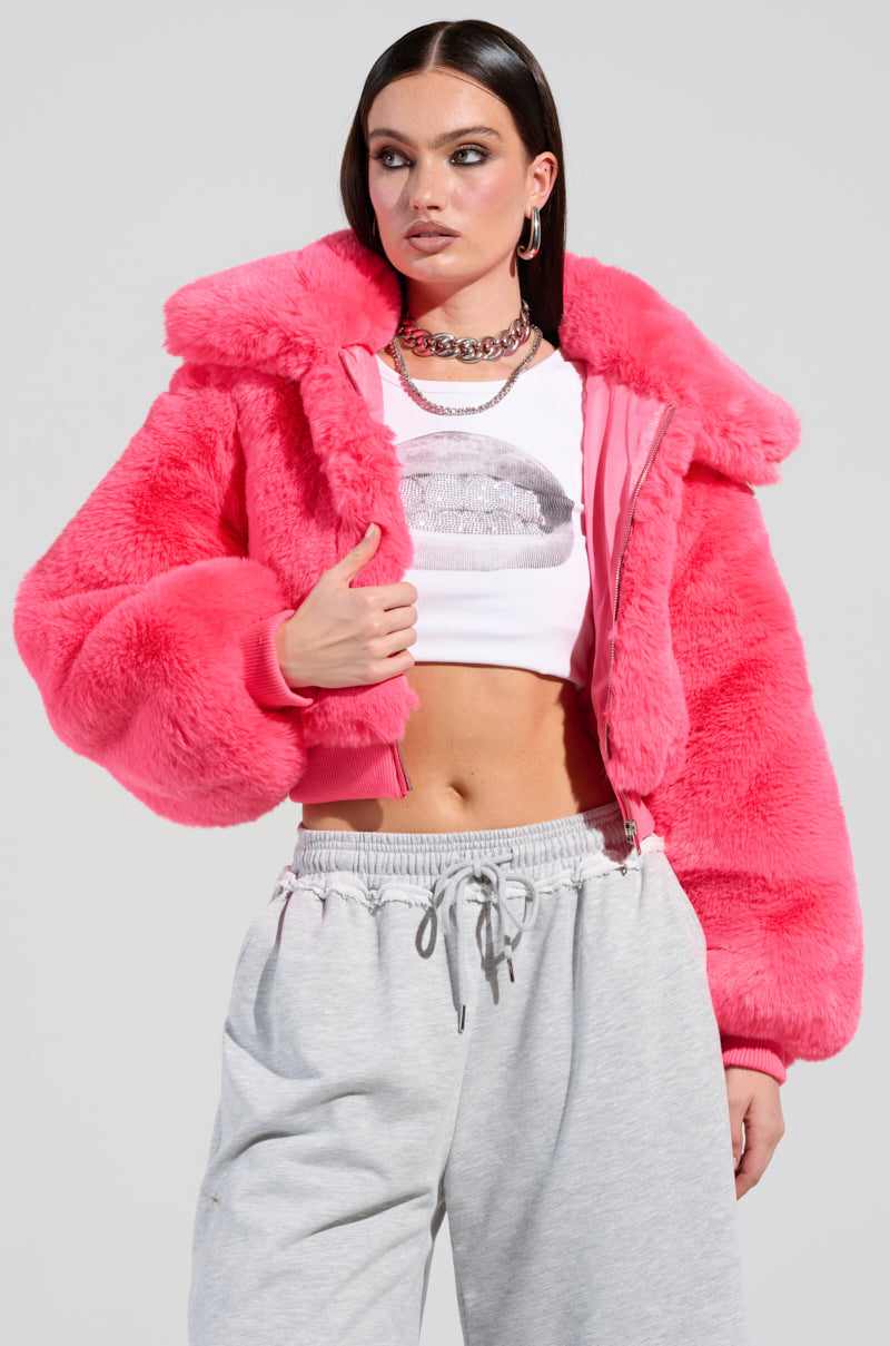 DREW FAUX FUR BOMBER IN HOT PINK