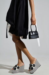 AZALEA WANG FREA WHITE AND BLACK STRIPED FLORAL WEDGE SANDAL