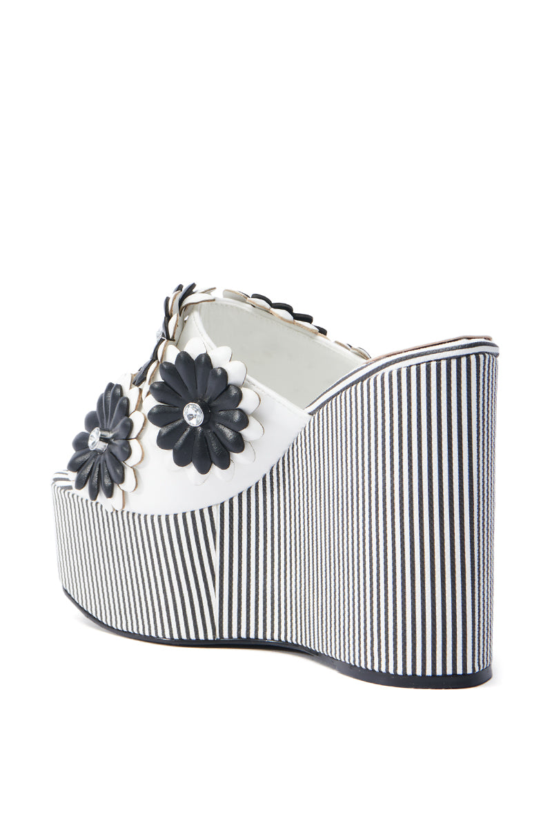 AZALEA WANG FREA WHITE AND BLACK STRIPED FLORAL WEDGE SANDAL