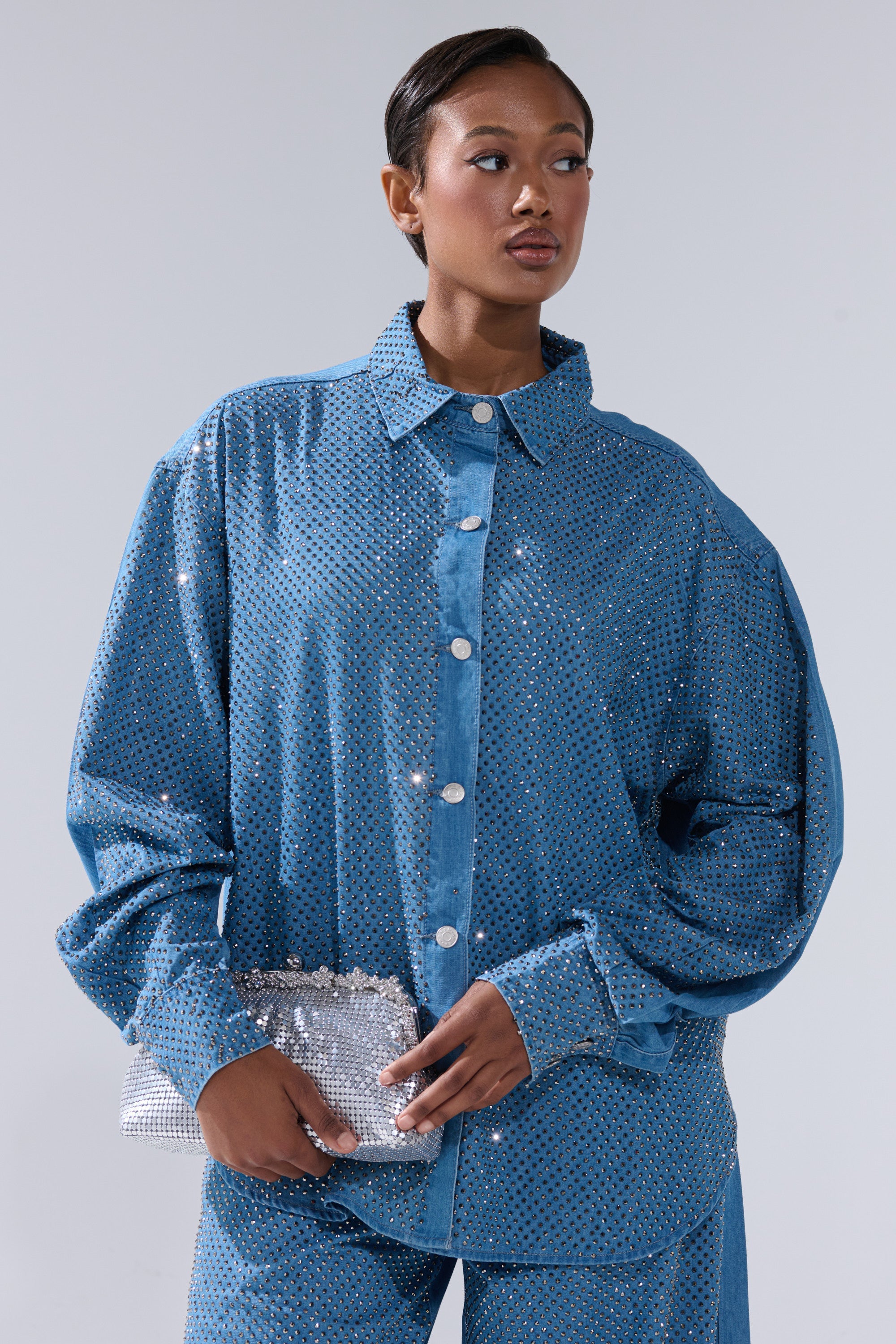 BLING BLING DENIM BUTTON DOWN TOP