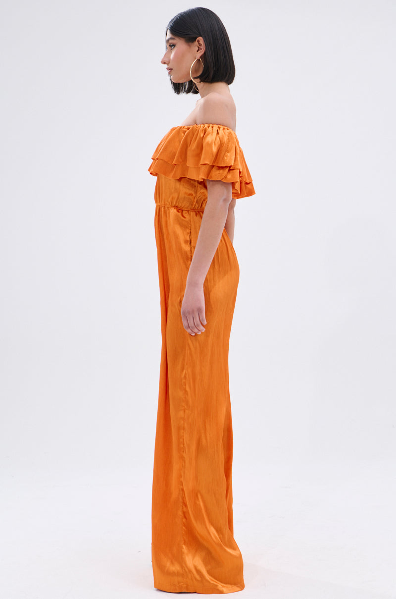 BYE BYE WINTER BLUES OFF THE SHOULDER SATIN JUMPSUIT
