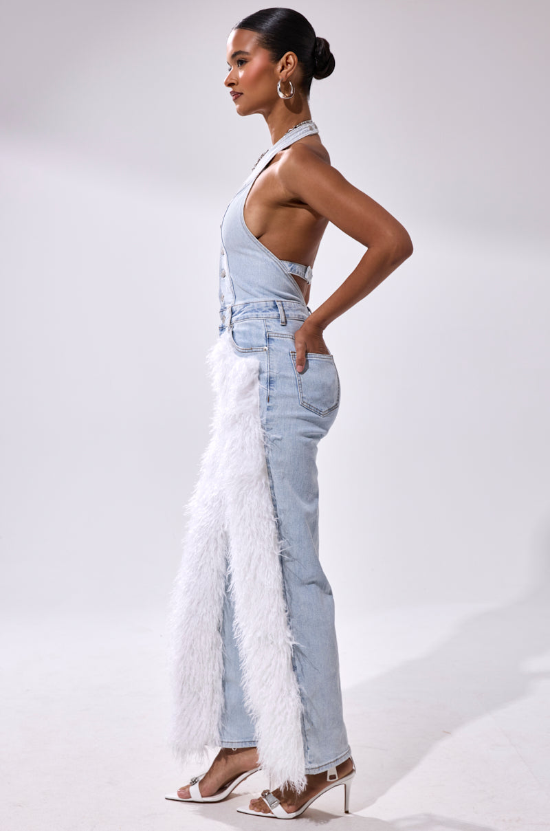 BADDIES ONLY DENIM FUR JUMPSUIT
