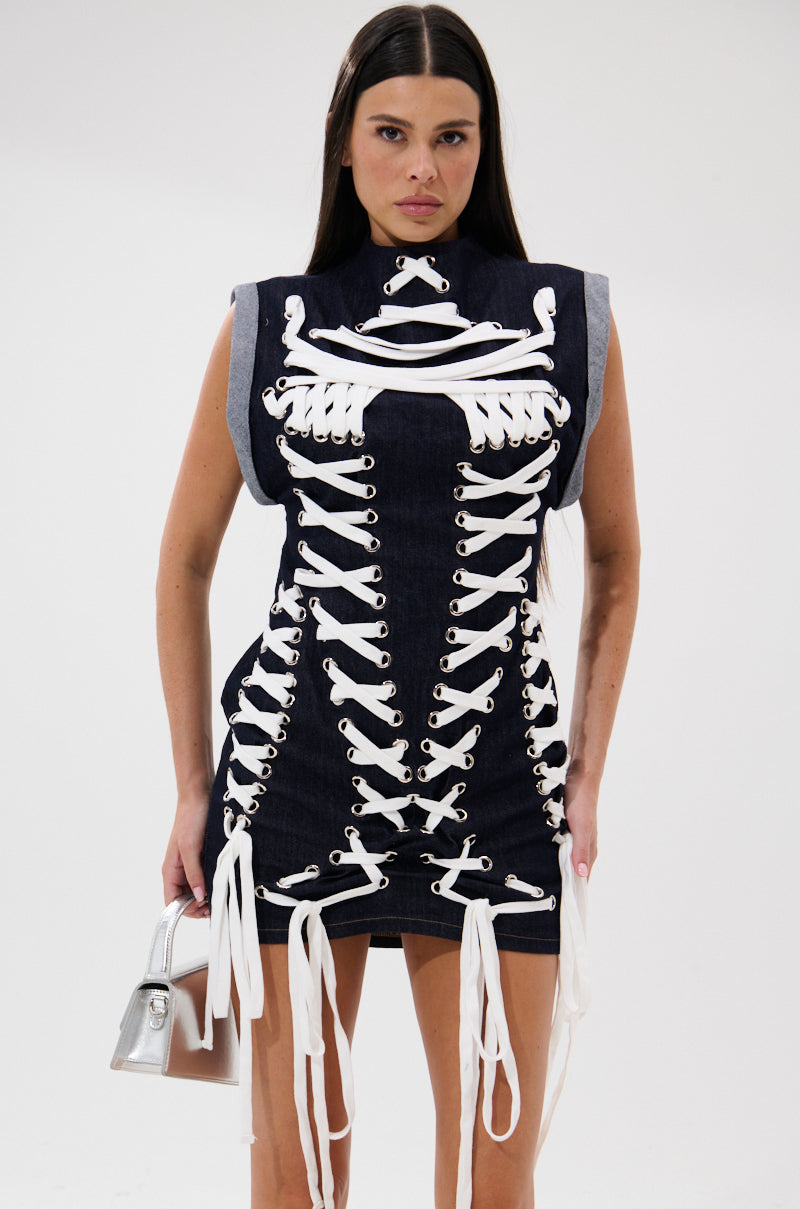 ALL ABOUT IT LACE UP MINI DRESS IN DENIM
