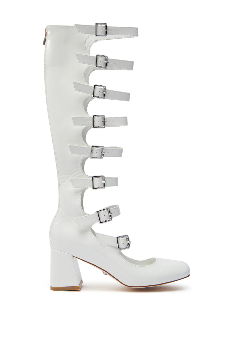 AZALEA WANG LAIMA WHITE PATENT CHUNKY BUCKLE BOOT