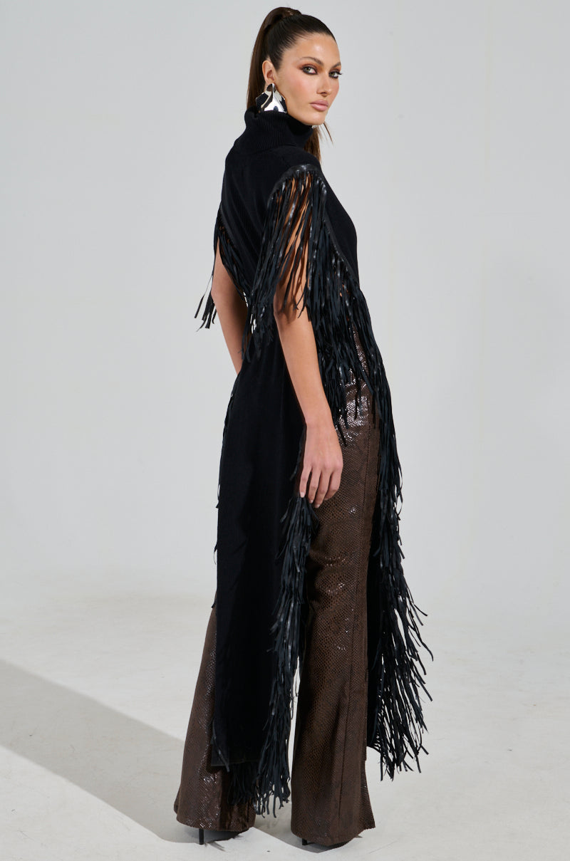 CHEYENNE FAUX BLACK LEATHER FRINGE BELTED SWEATER