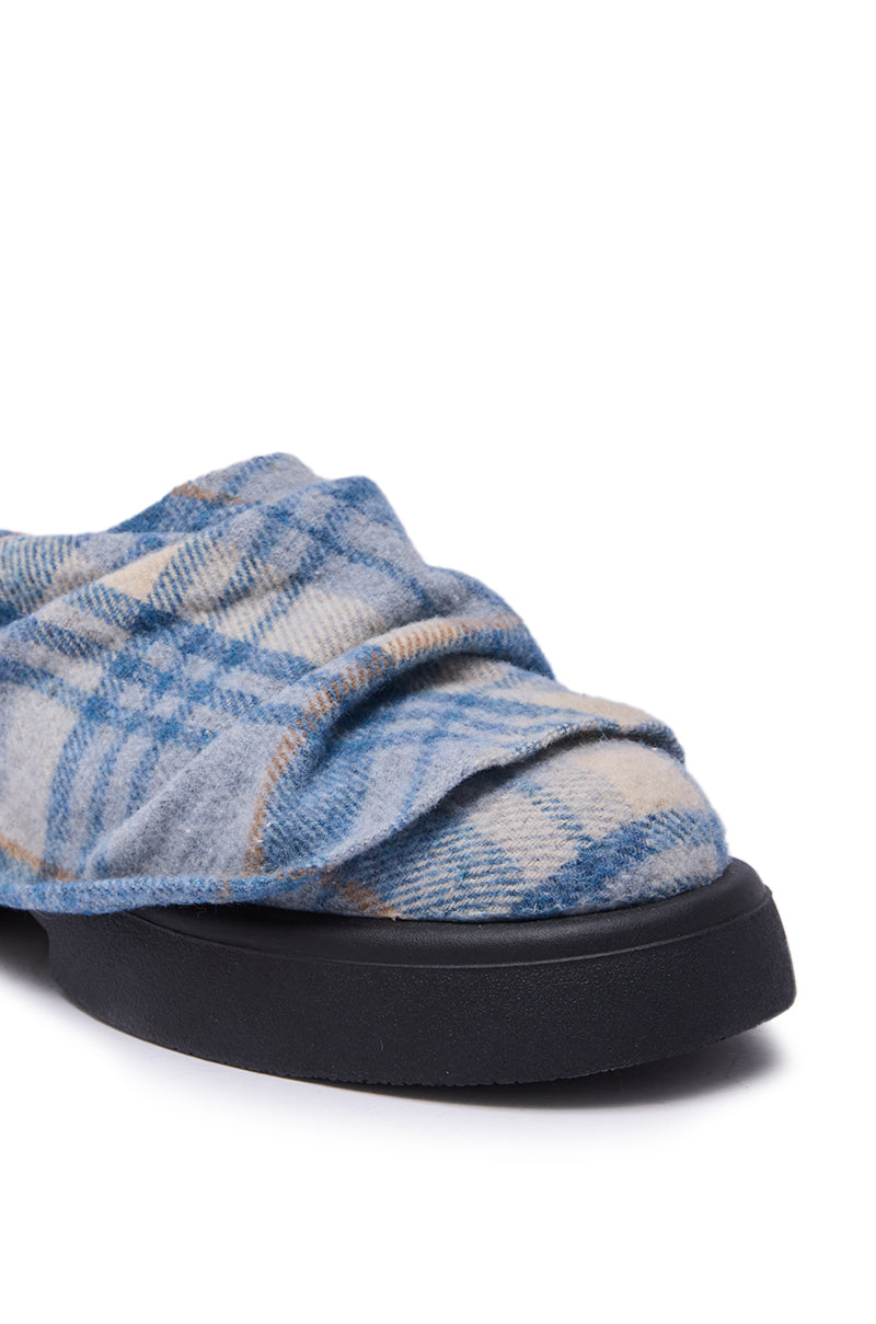 AZALEA WANG SEYMON BLUE MULTI PLAID SLIP-ON RUCHED FLAT