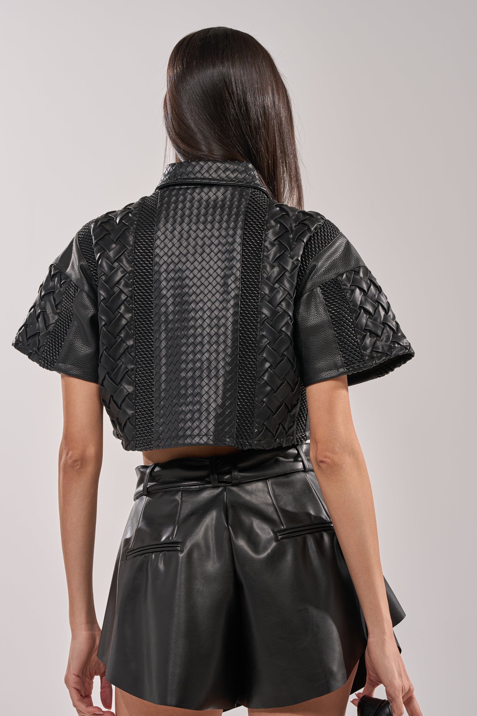 BIKER BRAIDED LEATHER CROPPED BUTTON DOWN
