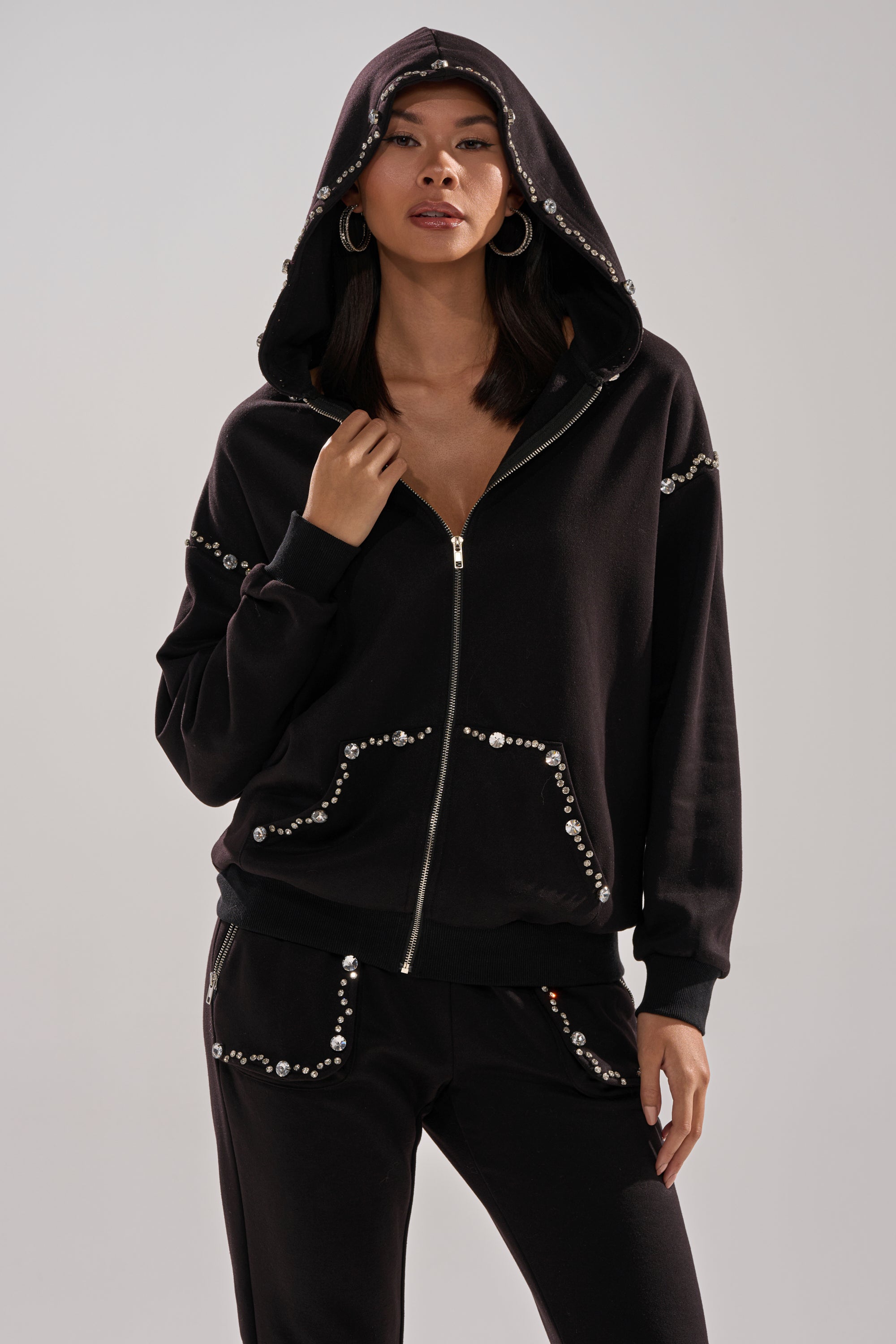 COZY HOLIDAY RHINESTONE ZIP UP SWEATSHIRT IN BLACK