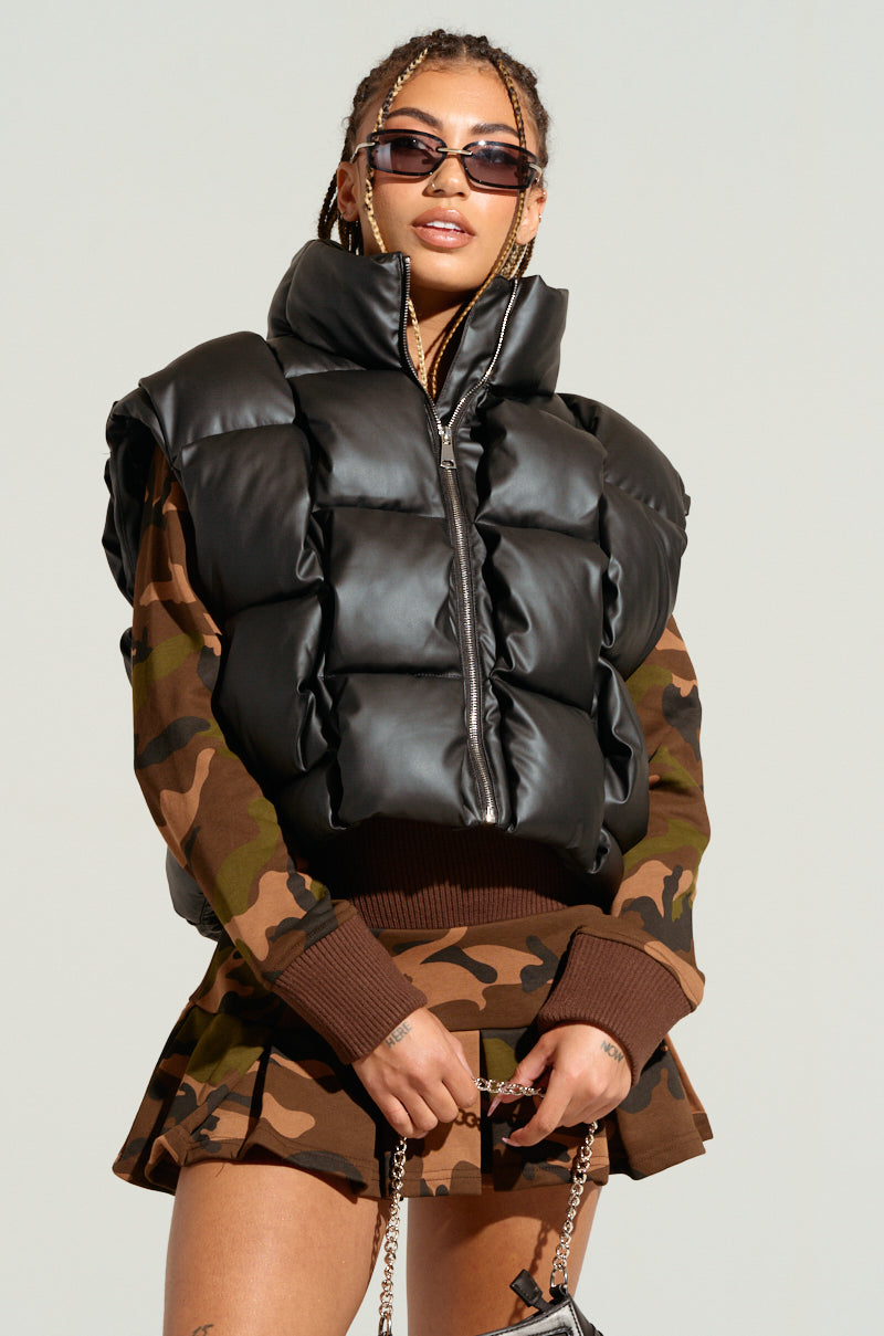 CHAOS PU WEAVE CROP PUFFER VEST