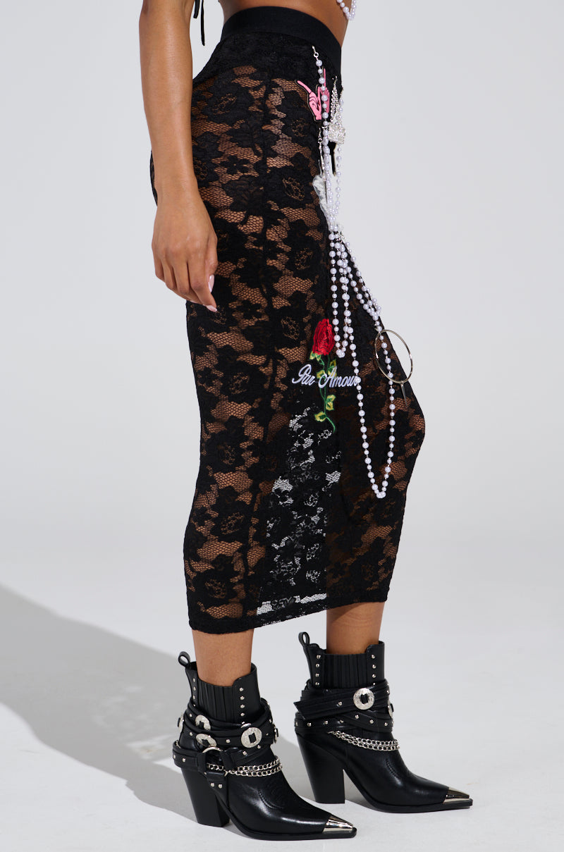 CONTROLLED CHAOS LACE MIDI SKIRT