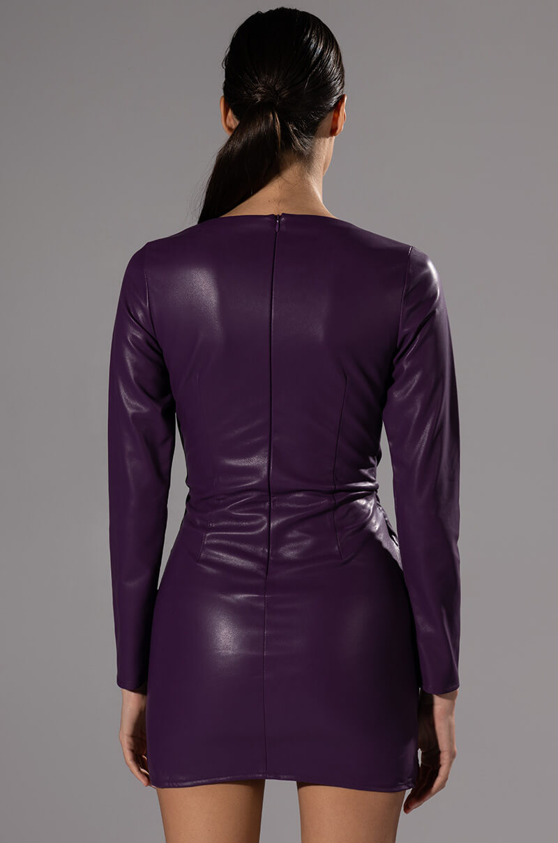 AMETHYST RUCHED FAUX LEATHER LONG SLEEVE MINI DRESS