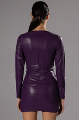 AMETHYST RUCHED FAUX LEATHER LONG SLEEVE MINI DRESS