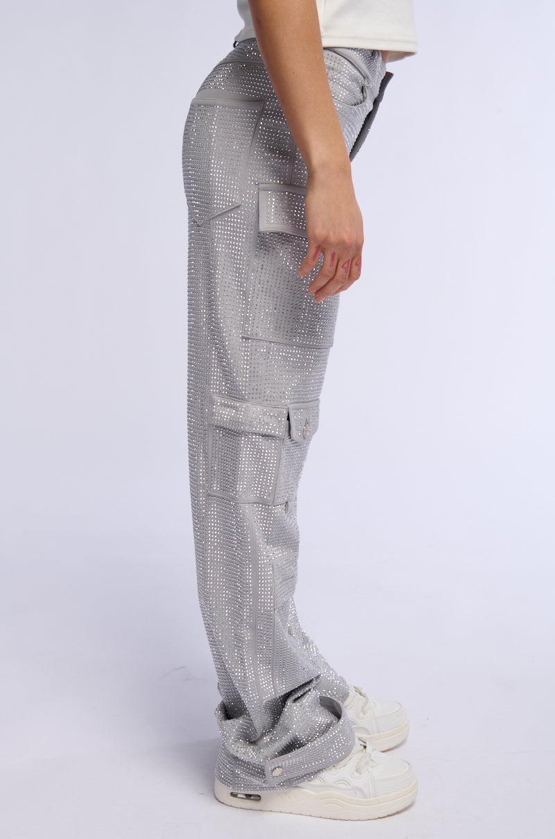 AMMO BONNE SOIREE RHINESTONE CARGO PANTS IN GREY