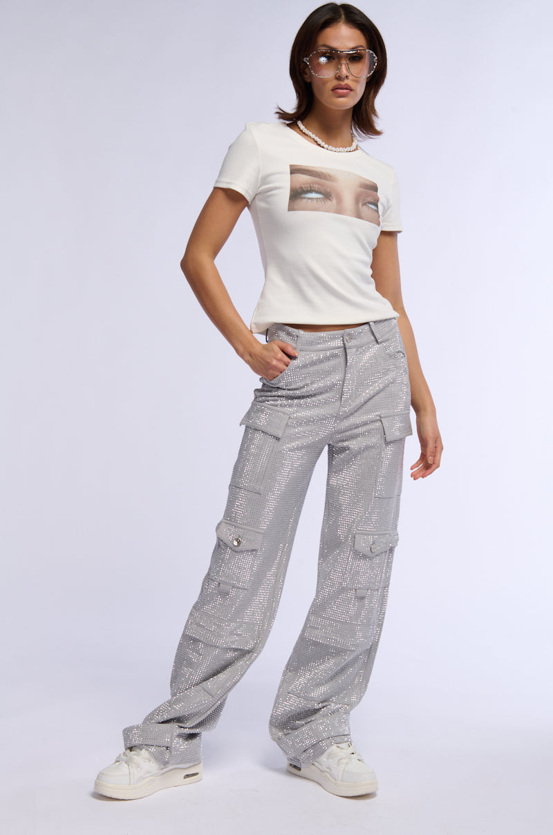 AMMO BONNE SOIREE RHINESTONE CARGO PANTS IN GREY