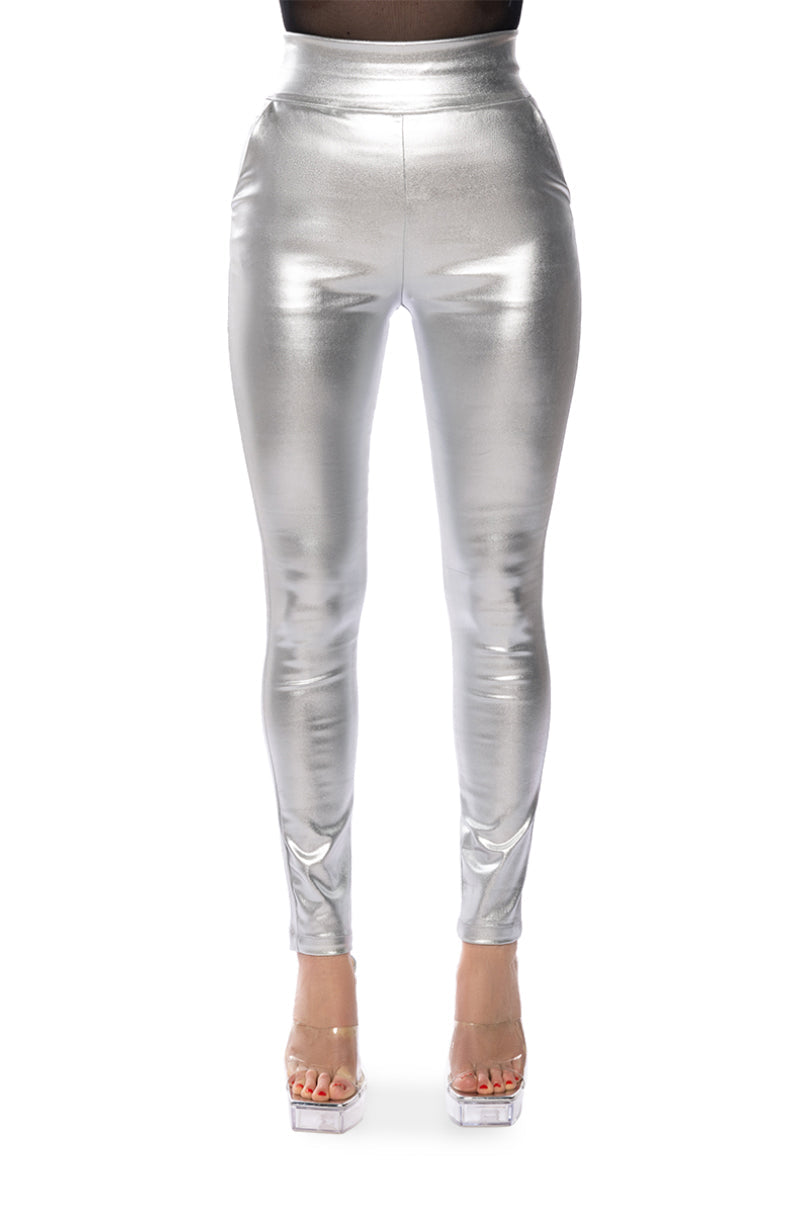 AMMO X AKIRA BIG BOOTY HIGH WAIST FAUX LEATHER PANT IN SILVER