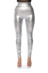 AMMO X AKIRA BIG BOOTY HIGH WAIST FAUX LEATHER PANT IN SILVER