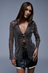 AN ELEGANT EVENING RHINESTONE MESH COLLARED BLOUSE