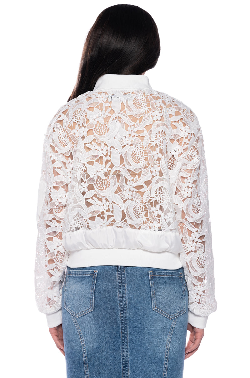 AND JUST LIKE THAT LACE BOMBER
