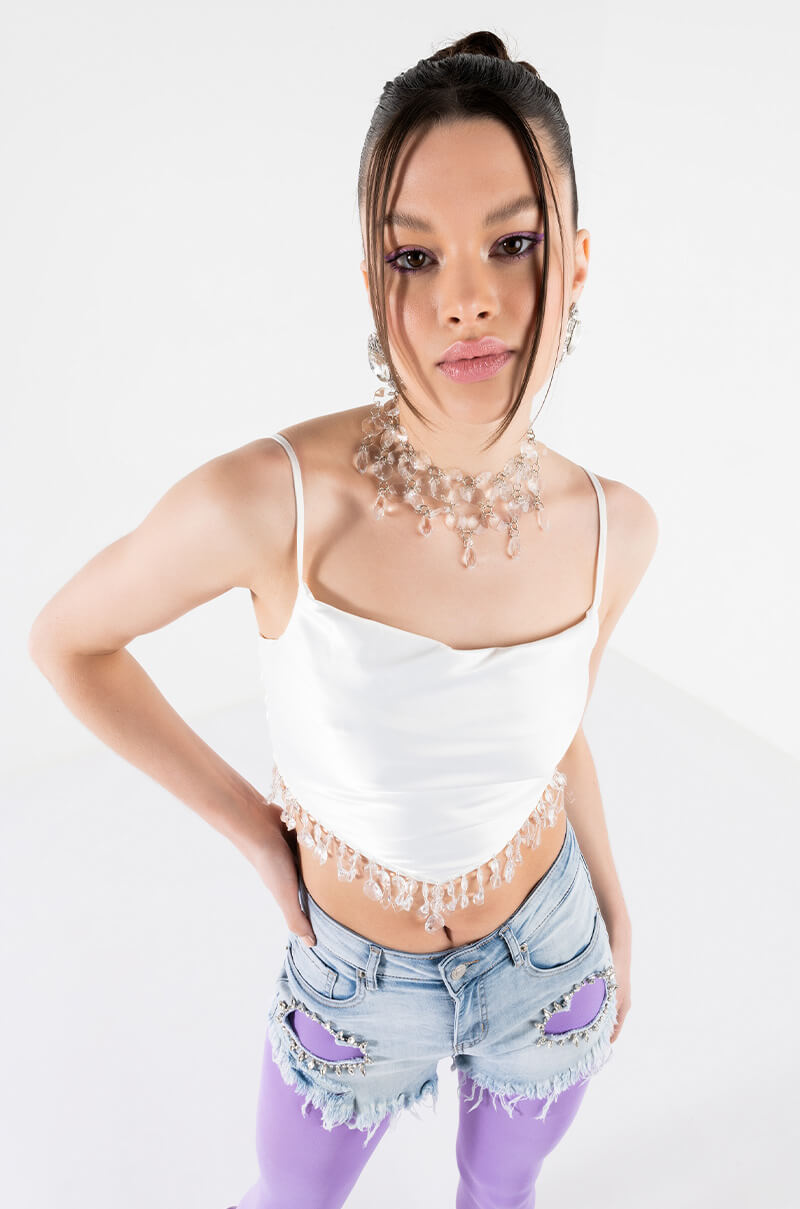ANGEL BABE BEADED TRIM COWL NECK TANK