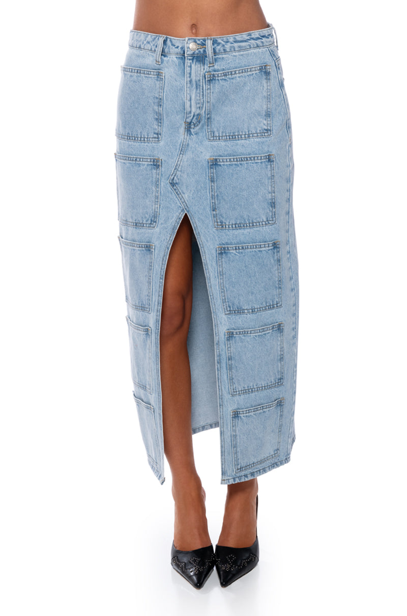 ANGELICA DENIM MIDI OPEN SLIT SKIRT