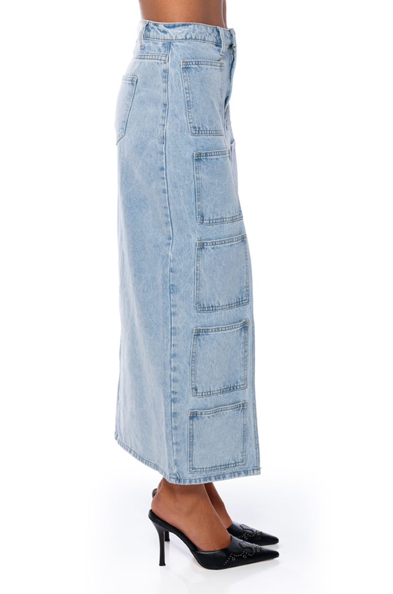 ANGELICA DENIM MIDI OPEN SLIT SKIRT