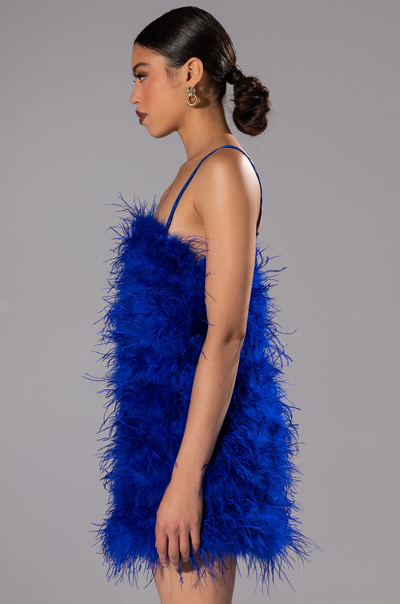 ANYTHING AND EVERYTHING STRAPLESS FEATHER MINI DRESS